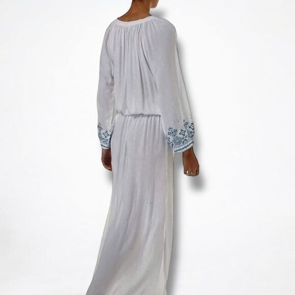 White Embroidered Blue V Neck Lace-Up Long Sleeve Beach Maxi Kaftan Dress - Picture 2 of 4